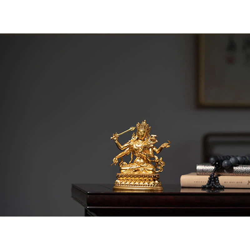 Statua in rame della compassione e serenità del Bodhisattva Manjusri a quattro braccia, statuetta in oro, decorazione per la casa - Image 13