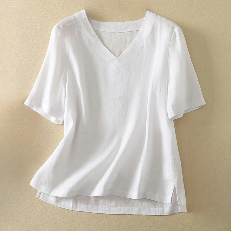 Maglietta da donna in cotone con scollo a V, manica corta, casual, estiva, tinta unita , Buddha Stones - Image 11
