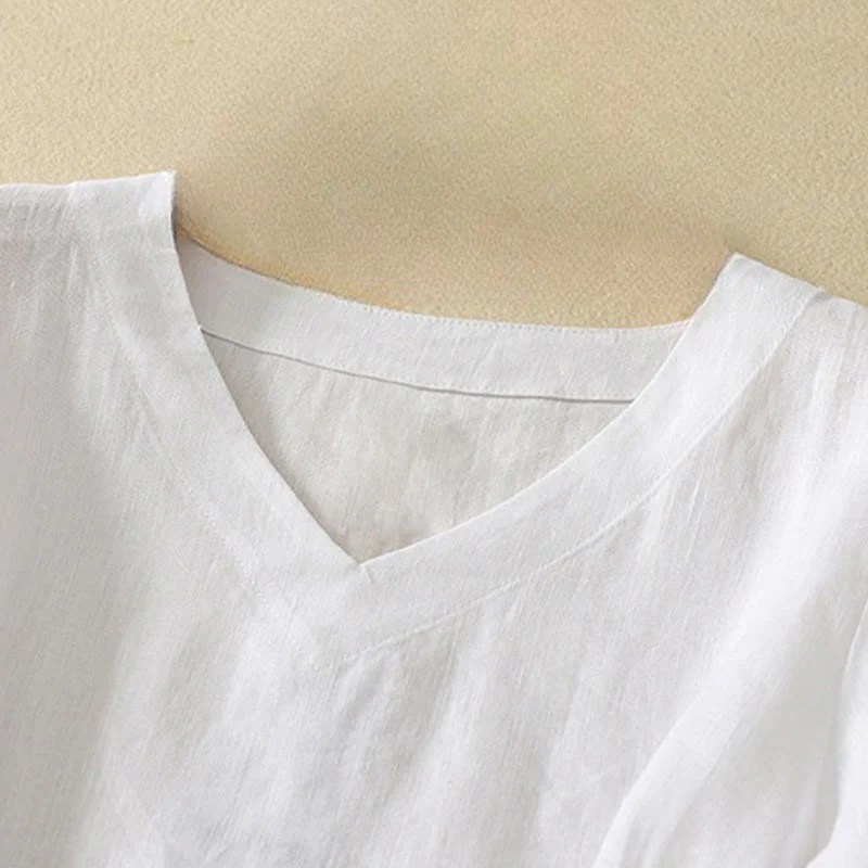 Maglietta da donna in cotone con scollo a V, manica corta, casual, estiva, tinta unita , Buddha Stones - Image 13