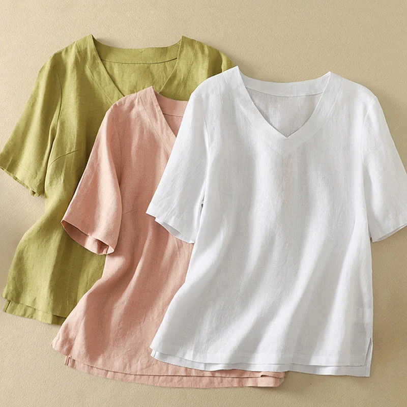 Maglietta da donna in cotone con scollo a V, manica corta, casual, estiva, tinta unita , Buddha Stones - Image 21