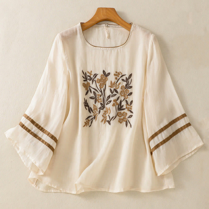 T-shirt da donna in cotone con maniche a tre quarti, ricamo floreale retrò con Buddha Stones