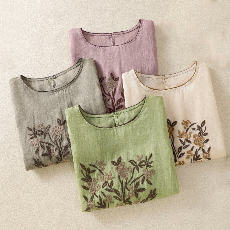 T-shirt da donna in cotone con maniche a tre quarti, ricamo floreale retrò con Buddha Stones - Image 33