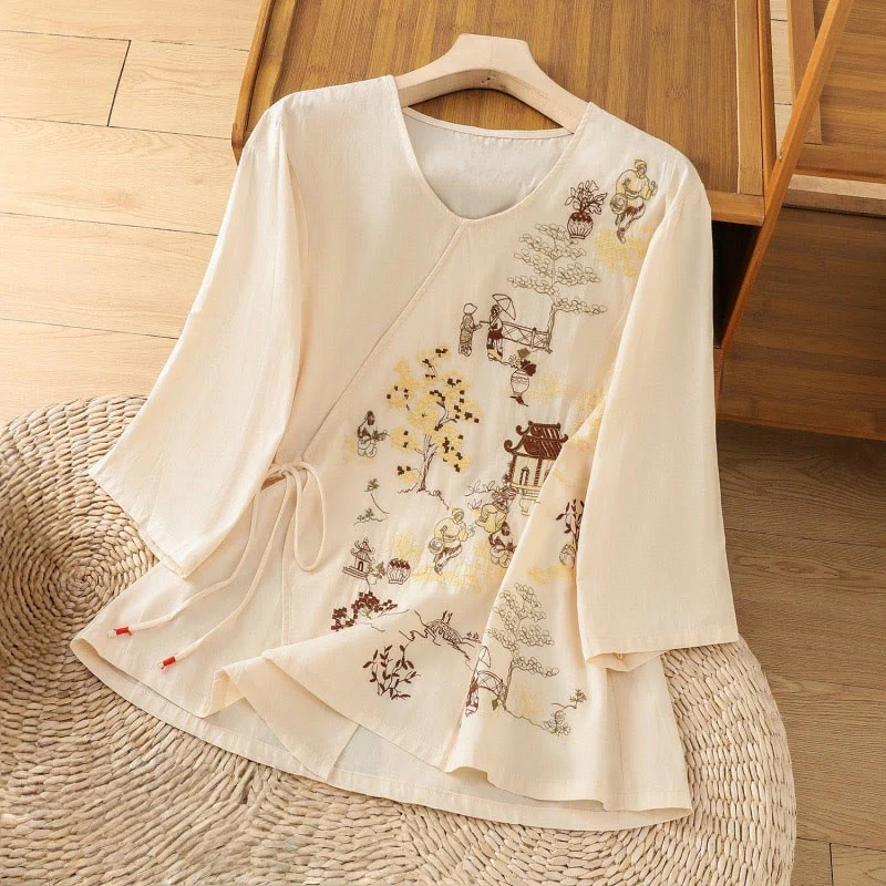 Maglietta da donna in cotone e lino con maniche a tre quarti, ricamo retrò con Buddha Stones e lacci
