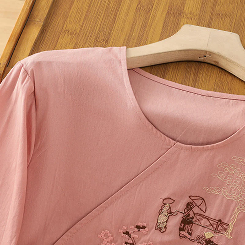 Maglietta da donna in cotone e lino con maniche a tre quarti, ricamo retrò con Buddha Stones e lacci - Image 11