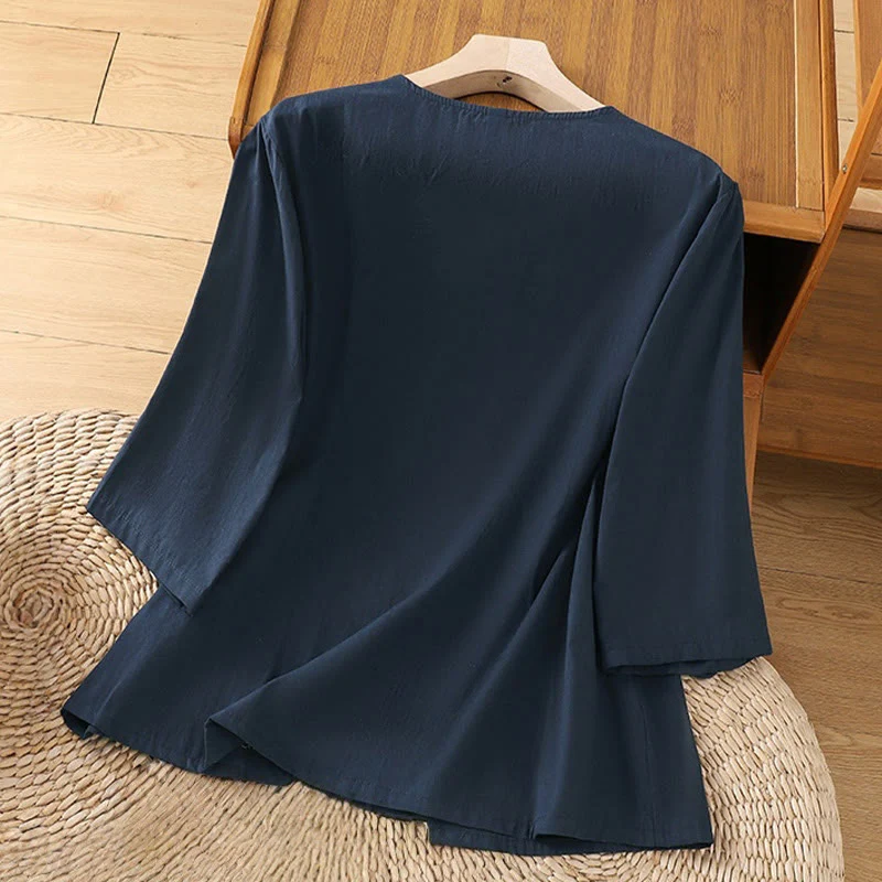Maglietta da donna in cotone e lino con maniche a tre quarti, ricamo retrò con Buddha Stones e lacci - Image 16