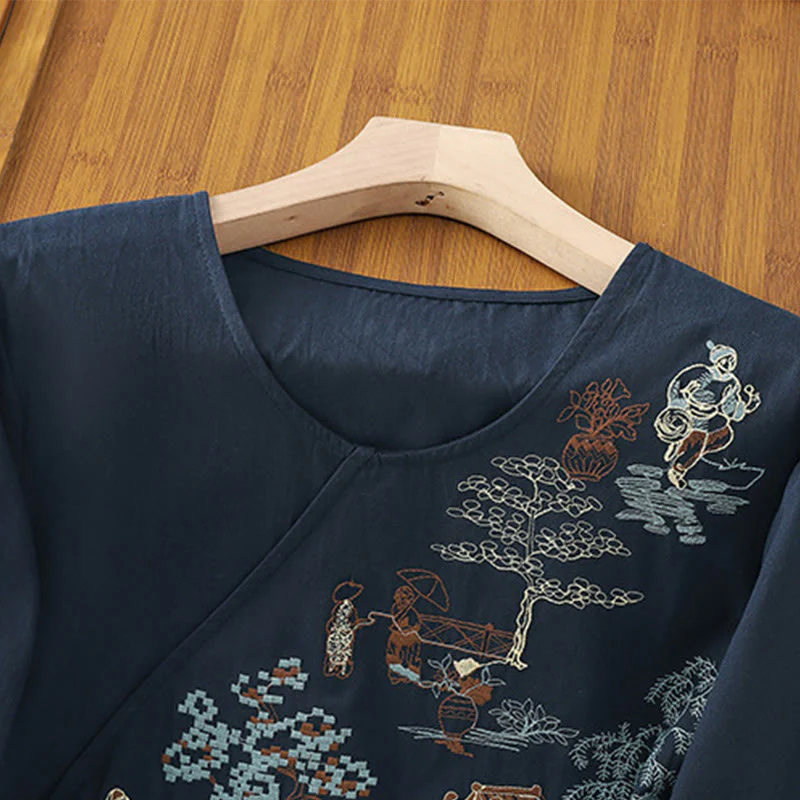 Maglietta da donna in cotone e lino con maniche a tre quarti, ricamo retrò con Buddha Stones e lacci - Image 17