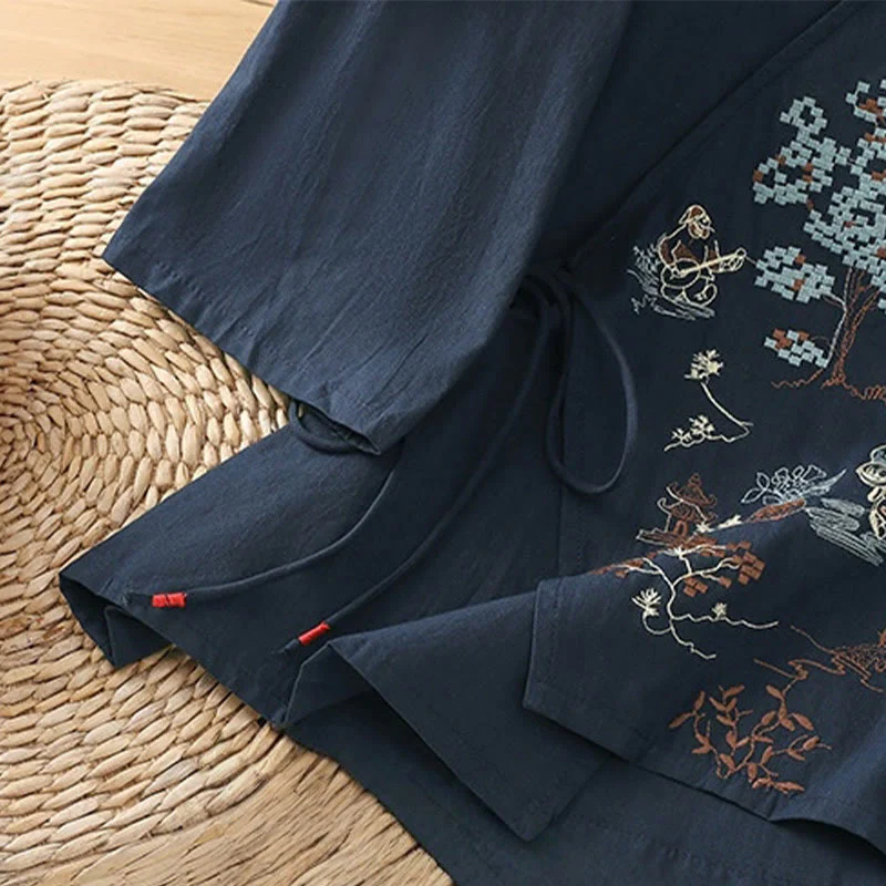 Maglietta da donna in cotone e lino con maniche a tre quarti, ricamo retrò con Buddha Stones e lacci - Image 20