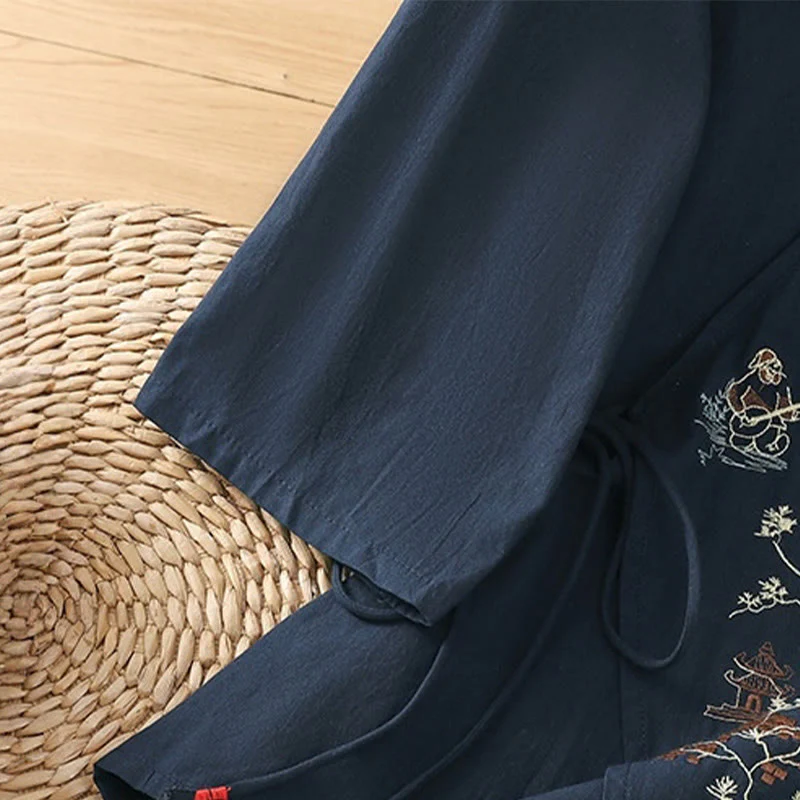 Maglietta da donna in cotone e lino con maniche a tre quarti, ricamo retrò con Buddha Stones e lacci - Image 21