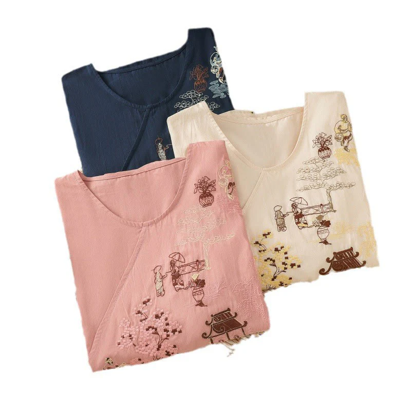 Maglietta da donna in cotone e lino con maniche a tre quarti, ricamo retrò con Buddha Stones e lacci - Image 24