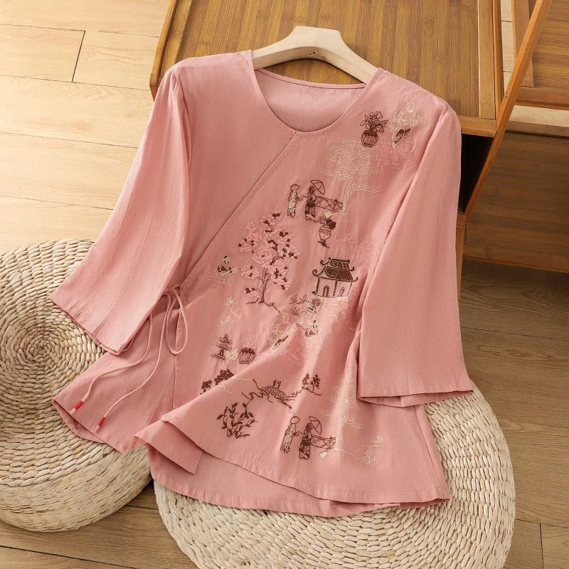 Maglietta da donna in cotone e lino con maniche a tre quarti, ricamo retrò con Buddha Stones e lacci - Image 9