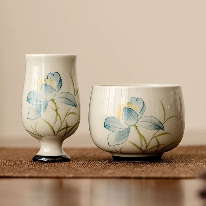 Tazza da tè in ceramica con fiore di loto dipinto a mano, Buddha Stones, tazza da tè Kung Fu
