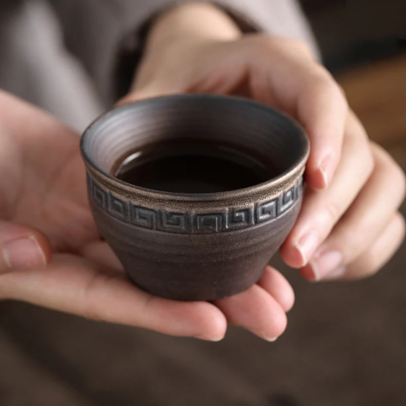 Tazza da tè in ceramica con trama a strisce marroni semplici Buddha Stones Kung Fu Tea Cup Bowl - Image 10