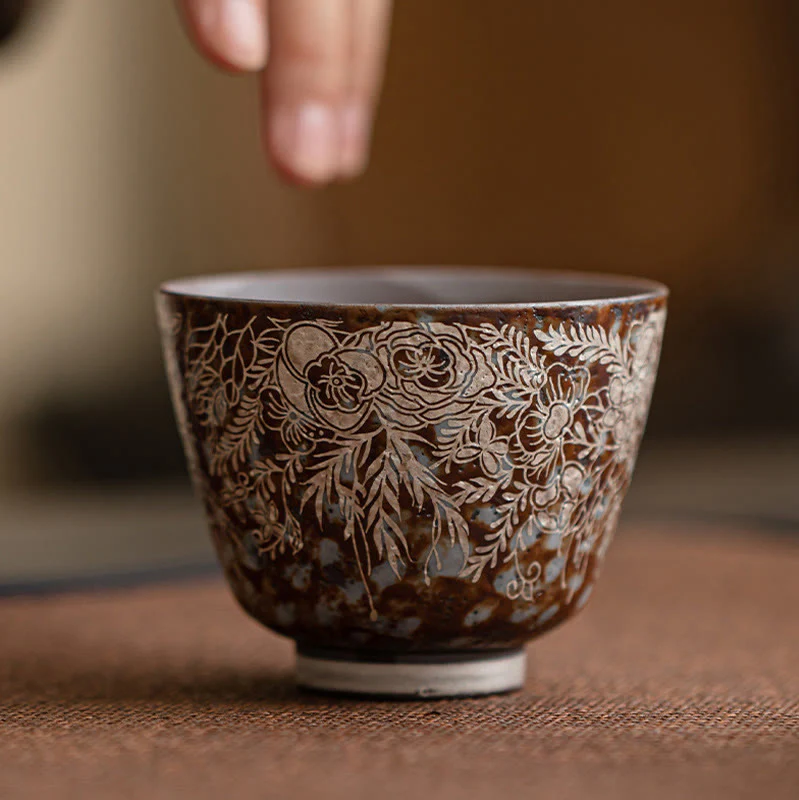 Tazza da tè Kung Fu Buddha Stones e fiori marroni in piena fioritura, 100 ml, con scatola regalo - Image 10