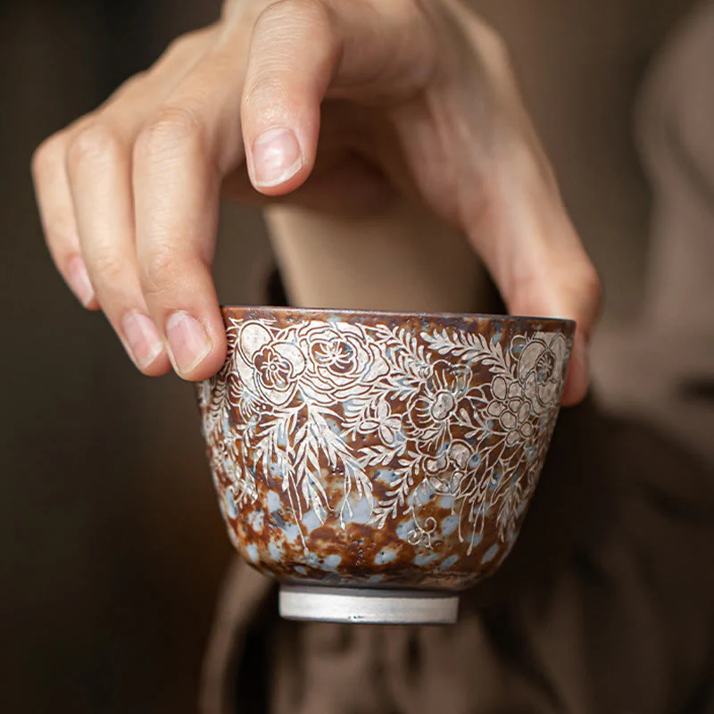 Tazza da tè Kung Fu Buddha Stones e fiori marroni in piena fioritura, 100 ml, con scatola regalo - Image 11