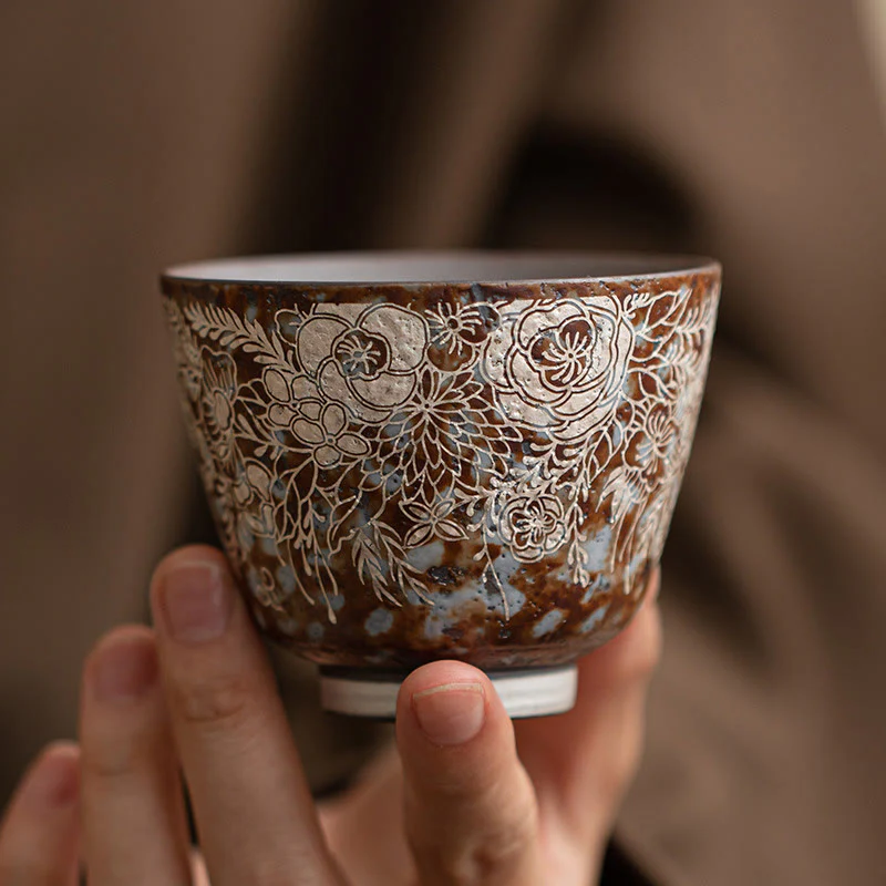 Tazza da tè Kung Fu Buddha Stones e fiori marroni in piena fioritura, 100 ml, con scatola regalo - Image 12