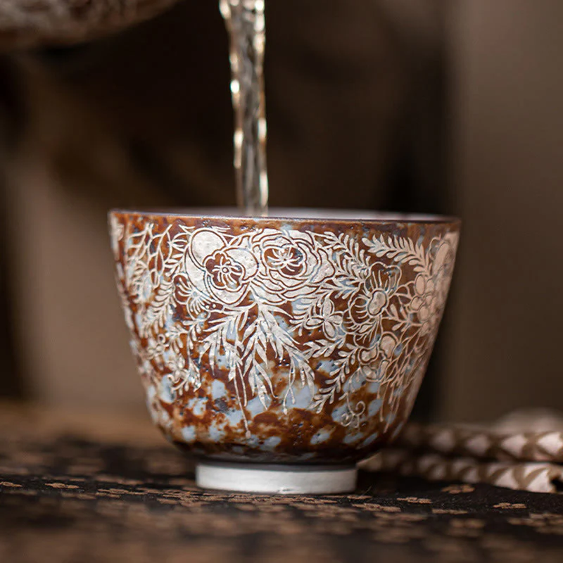 Tazza da tè Kung Fu Buddha Stones e fiori marroni in piena fioritura, 100 ml, con scatola regalo - Image 13
