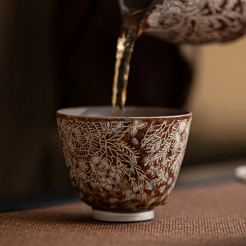 Tazza da tè Kung Fu Buddha Stones e fiori marroni in piena fioritura, 100 ml, con scatola regalo - Image 14