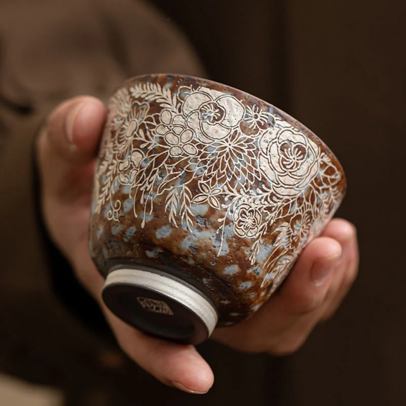 Tazza da tè Kung Fu Buddha Stones e fiori marroni in piena fioritura, 100 ml, con scatola regalo - Image 3