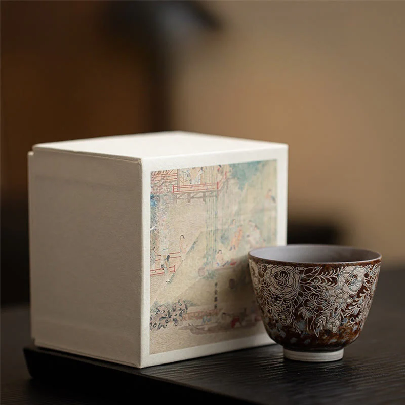 Tazza da tè Kung Fu Buddha Stones e fiori marroni in piena fioritura, 100 ml, con scatola regalo - Image 7