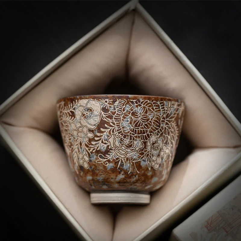 Tazza da tè Kung Fu Buddha Stones e fiori marroni in piena fioritura, 100 ml, con scatola regalo - Image 8