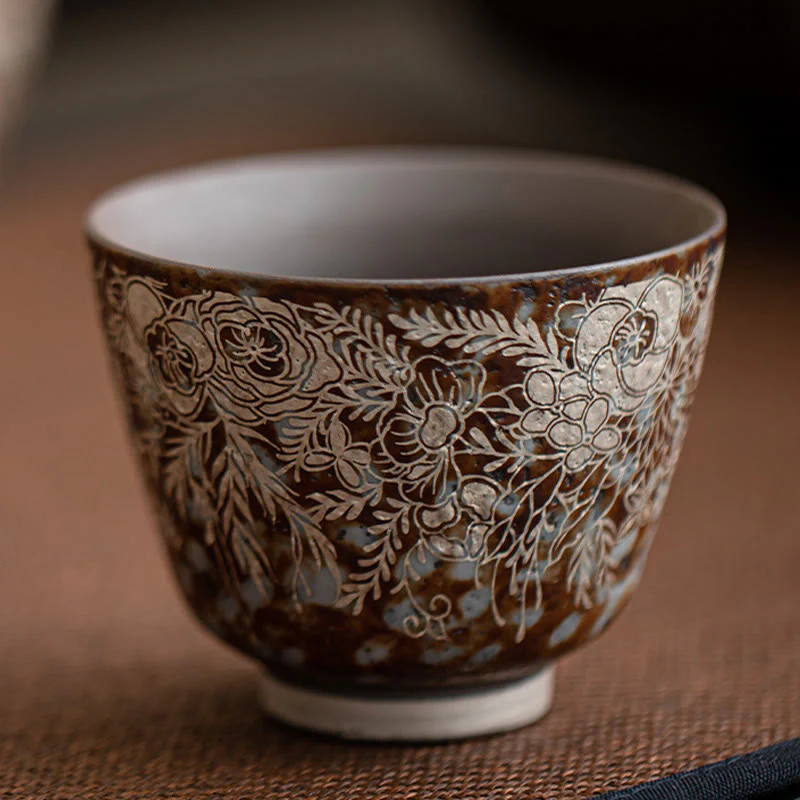 Tazza da tè Kung Fu Buddha Stones e fiori marroni in piena fioritura, 100 ml, con scatola regalo - Image 9