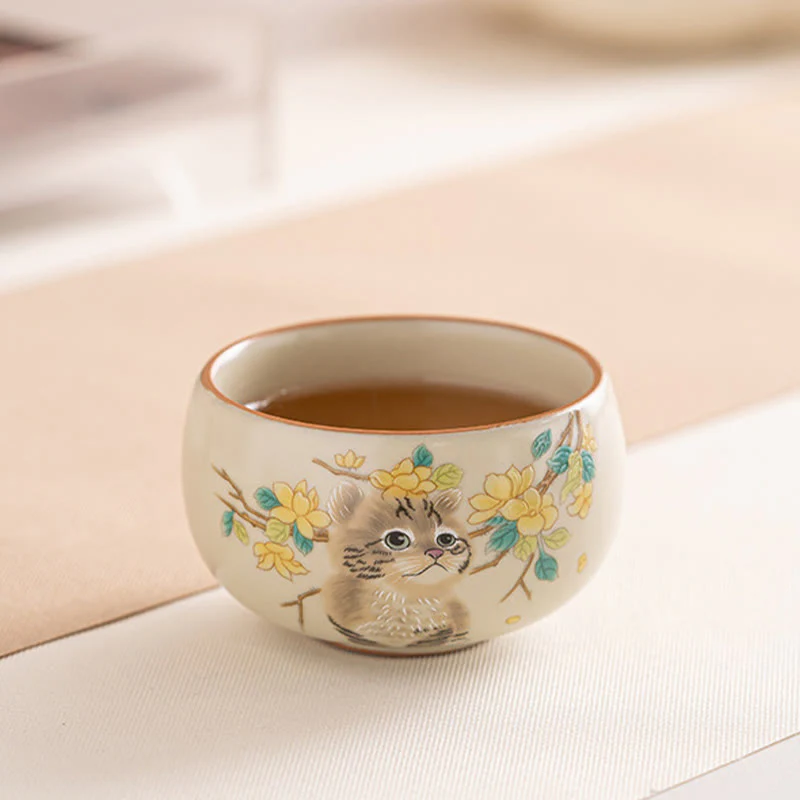 Tazza da tè Kung Fu Buddha Stones, gatto carino, fiori gialli e coniglio - Image 11