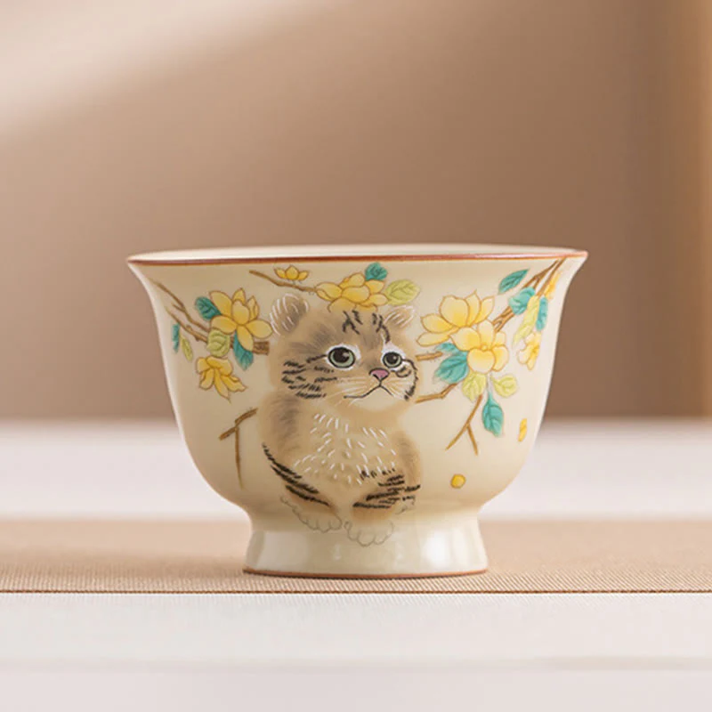 Tazza da tè Kung Fu Buddha Stones, gatto carino, fiori gialli e coniglio - Image 17