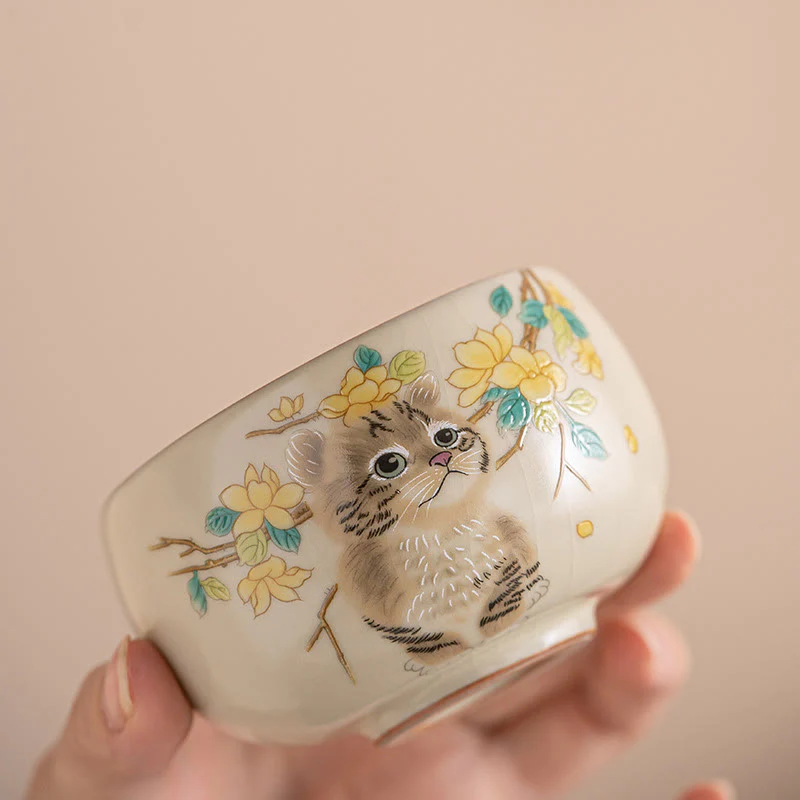Tazza da tè Kung Fu Buddha Stones, gatto carino, fiori gialli e coniglio - Image 2