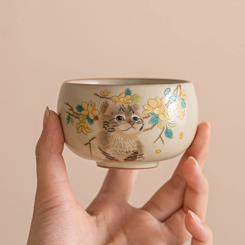 Tazza da tè Kung Fu Buddha Stones, gatto carino, fiori gialli e coniglio - Image 7