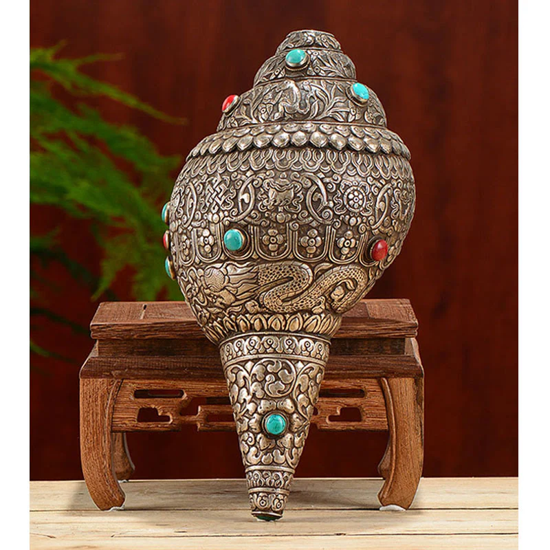 Tibetano fatto a mano naturale Shankha inciso otto simboli di buon auspicio conchiglia fortunata decorazione per la casa - Image 11