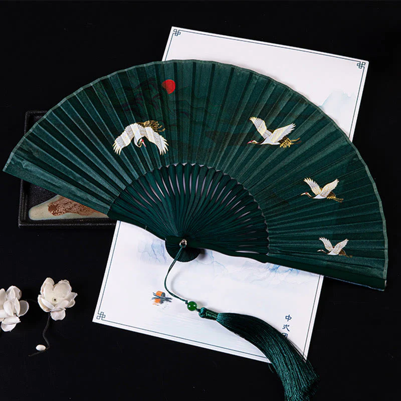 Buddha Stones Cranes Auspicious Clouds Solid Color Gradient Handheld Bamboo Folding Fan
