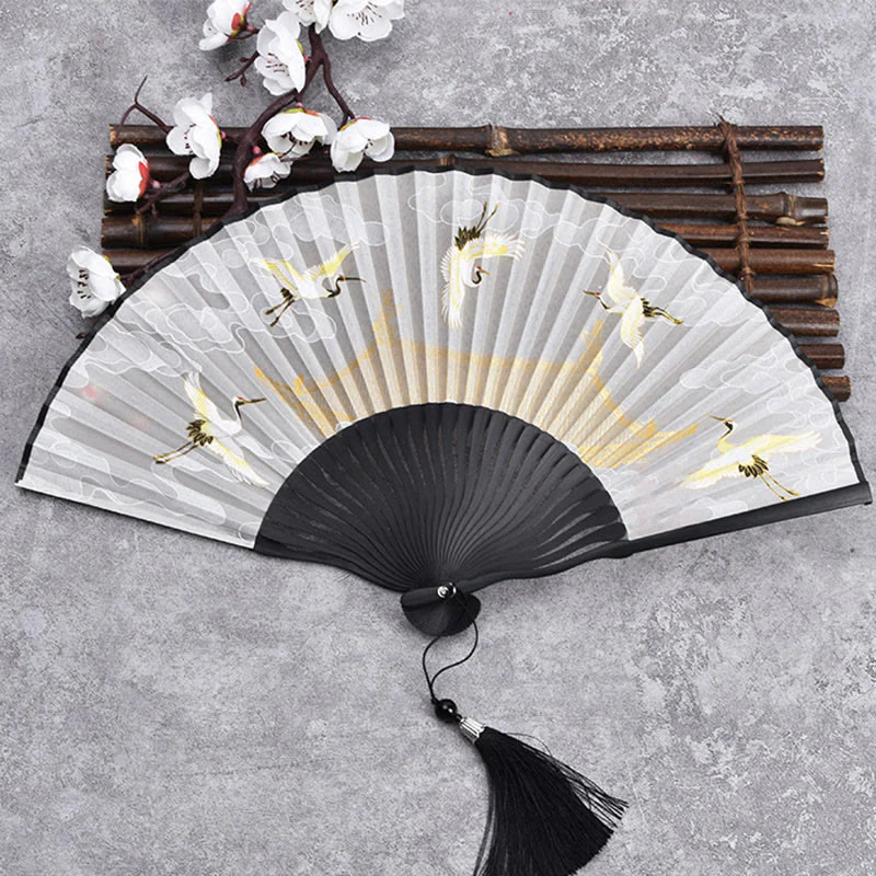 Buddha Stones Cranes Auspicious Clouds Solid Color Gradient Handheld Bamboo Folding Fan - Image 10