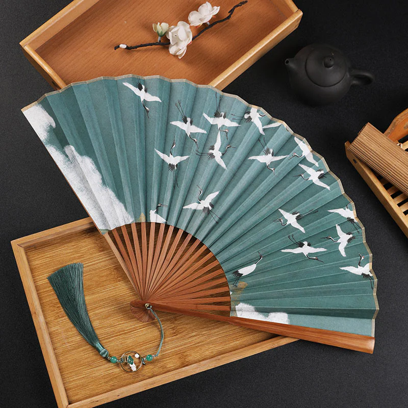 Buddha Stones Cranes Auspicious Clouds Solid Color Gradient Handheld Bamboo Folding Fan - Image 17