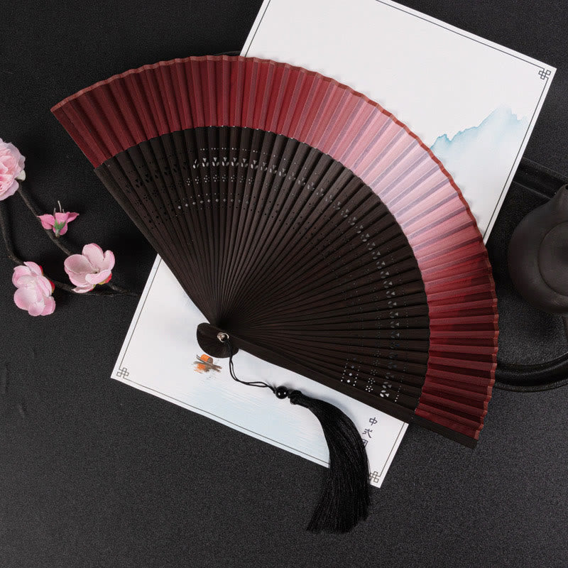 Buddha Stones Cranes Auspicious Clouds Solid Color Gradient Handheld Bamboo Folding Fan - Image 19