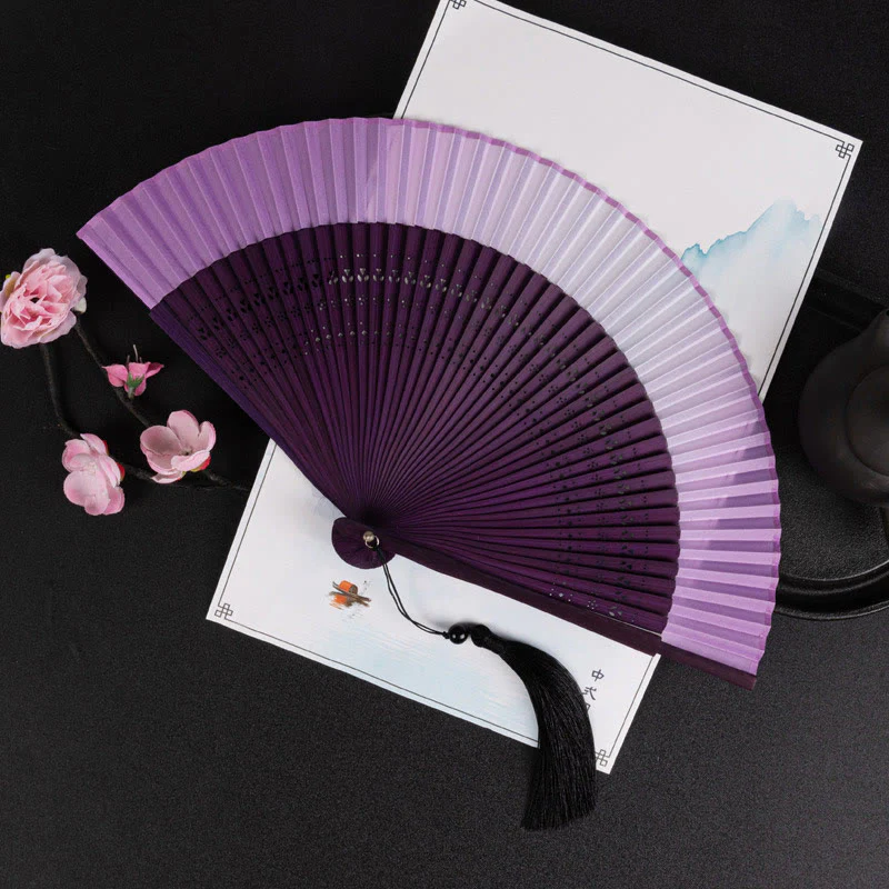 Buddha Stones Cranes Auspicious Clouds Solid Color Gradient Handheld Bamboo Folding Fan - Image 21