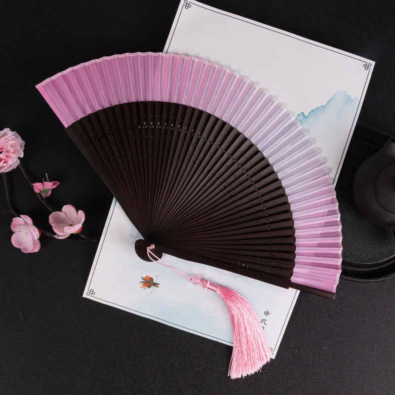 Buddha Stones Cranes Auspicious Clouds Solid Color Gradient Handheld Bamboo Folding Fan - Image 22