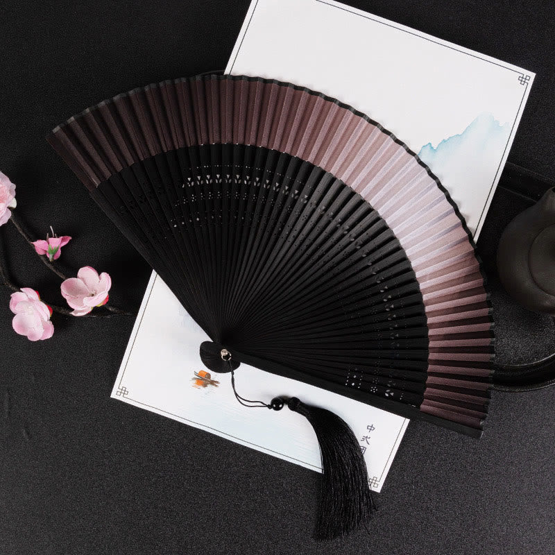 Buddha Stones Cranes Auspicious Clouds Solid Color Gradient Handheld Bamboo Folding Fan - Image 25
