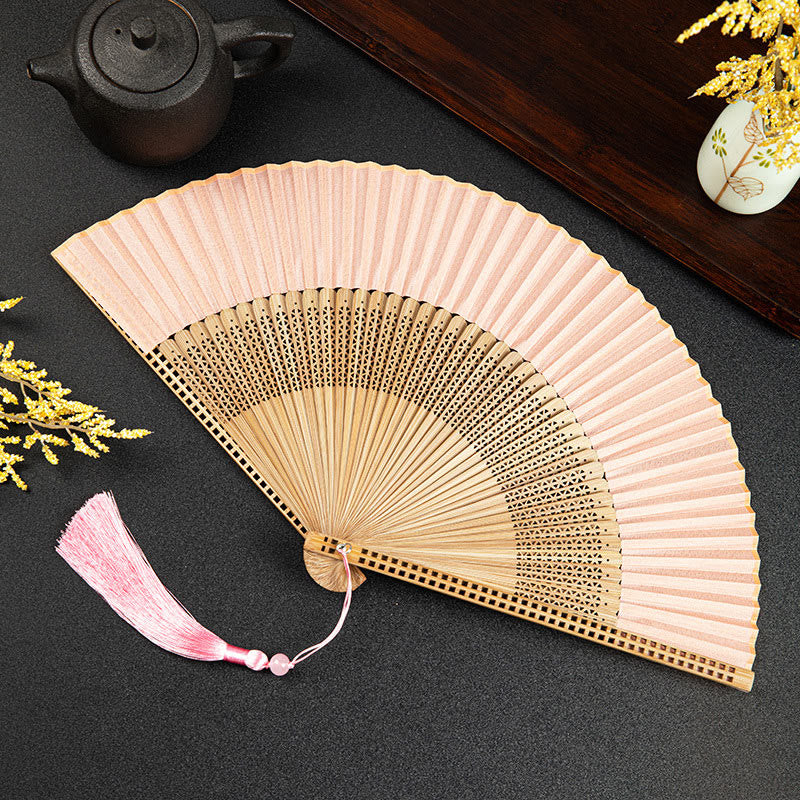 Buddha Stones Cranes Auspicious Clouds Solid Color Gradient Handheld Bamboo Folding Fan - Image 29