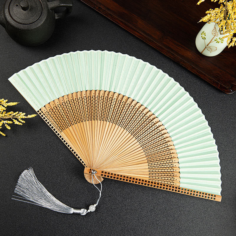 Buddha Stones Cranes Auspicious Clouds Solid Color Gradient Handheld Bamboo Folding Fan - Image 30