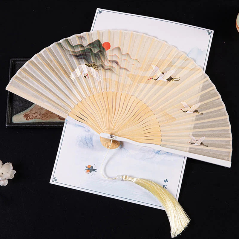 Buddha Stones Cranes Auspicious Clouds Solid Color Gradient Handheld Bamboo Folding Fan - Image 4
