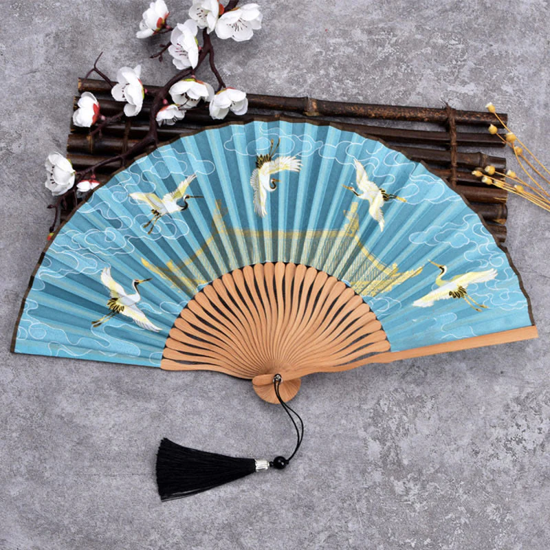 Buddha Stones Cranes Auspicious Clouds Solid Color Gradient Handheld Bamboo Folding Fan - Image 6