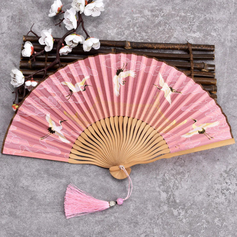 Buddha Stones Cranes Auspicious Clouds Solid Color Gradient Handheld Bamboo Folding Fan - Image 7