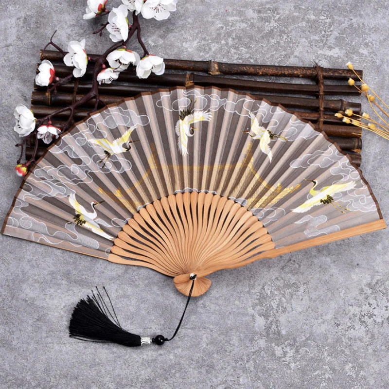 Buddha Stones Cranes Auspicious Clouds Solid Color Gradient Handheld Bamboo Folding Fan - Image 8