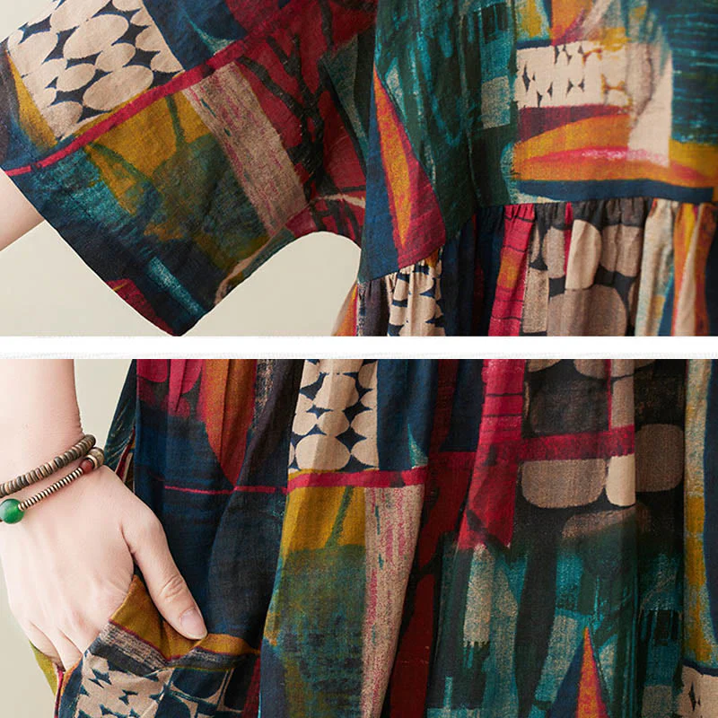 Vestito midi con grafica colorata Buddha Stones , tunica in cotone a mezza manica con tasche - Image 11