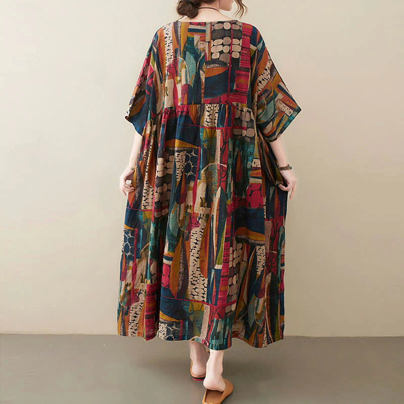 Vestito midi con grafica colorata Buddha Stones , tunica in cotone a mezza manica con tasche - Image 5