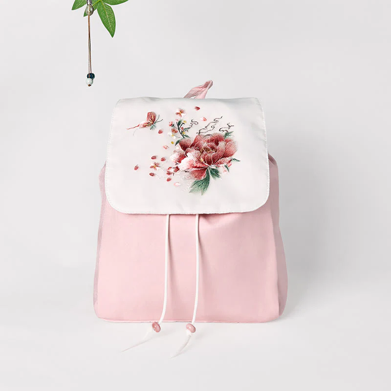 Zaino in tela di grande capacità ricamato con fiori di peonia rosa fatti a mano con Buddha Stones